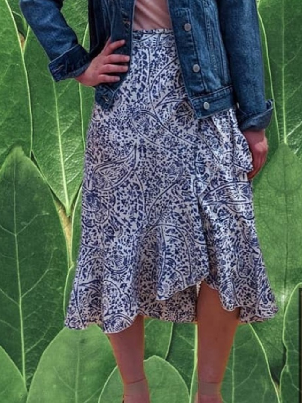 THML Blue Paisley High-Low Wrap Ruffle Skirt